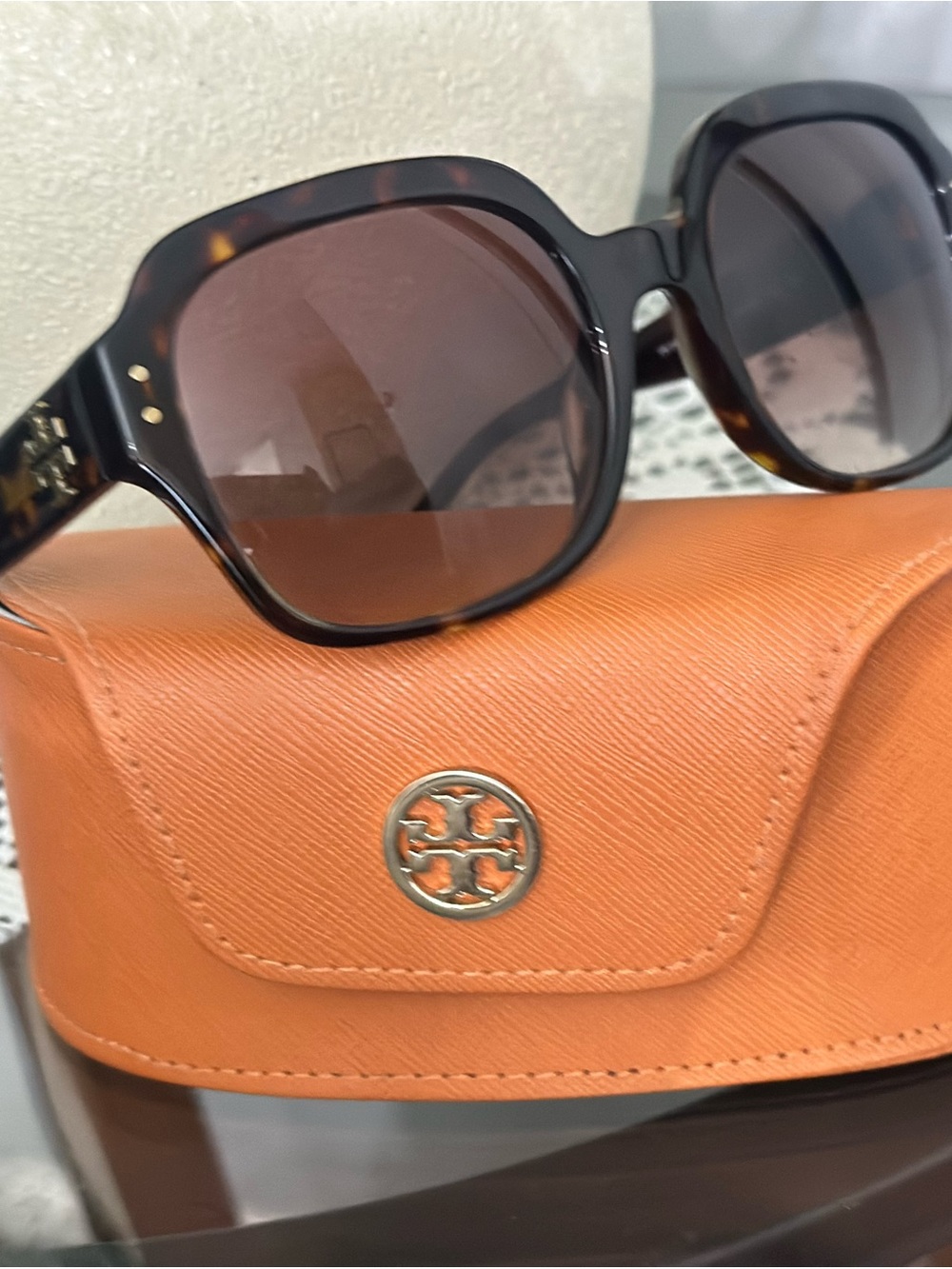 Tory Burch Tortoiseshell Sunglasses with Brown Lenses and Orange Case